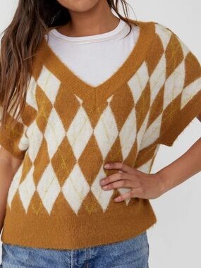 Free People Through The Motions Vest, Argyle Sweater, mustard & white, women’s L